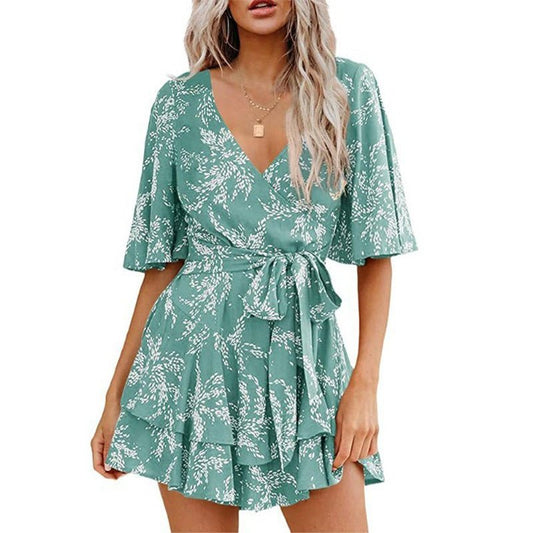 Floral V-neck Flare Sleeve Waist Belt-layer Pleated Dress $38.50 Dana Fashion Size: 2XL Color: Black White Women's clothing Product information: Pattern: Color Thickness: medium Color: Lake Blue. Short sleeve, pink. Short Sleeve, wine red. Short Sleeve, G