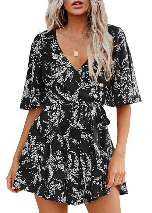 Floral V-neck Flare Sleeve Waist Belt-layer Pleated Dress $38.50 Dana Fashion Size: 2XL Color: Black White Women's clothing Product information: Pattern: Color Thickness: medium Color: Lake Blue. Short sleeve, pink. Short Sleeve, wine red. Short Sleeve, G
