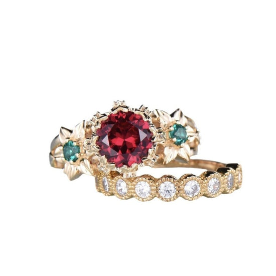 Flower Ring Gold-plated Inlaid Red $9.03 Dana Fashion Color: Golden Red Diamond Size: 10 Yards Women's Accessories Product information: Type: Ring Treatment Process: Electroplating Color: gold flower Red Diamond couple ring Applicable population: Female S