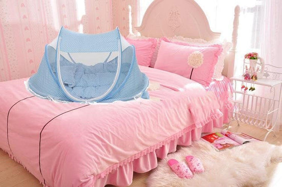 Foldable Baby Bed Net With Pillow Net 2pieces Set $50.96 Dana Fashion Color: Blue Baby & Mother Overview: Breathable open mesh provides a comprehensive airflow and barrier-free, soft and comfortable view for your baby to sleep and play. Equipped with a ma
