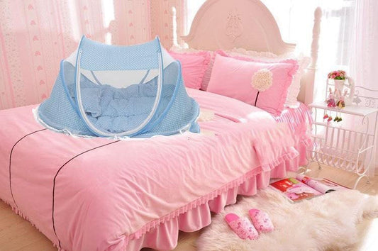 Foldable Baby Bed Net With Pillow Net 2pieces Set $50.96 Dana Fashion Color: Blue Baby & Mother Overview: Breathable open mesh provides a comprehensive airflow and barrier-free, soft and comfortable view for your baby to sleep and play. Equipped with a ma