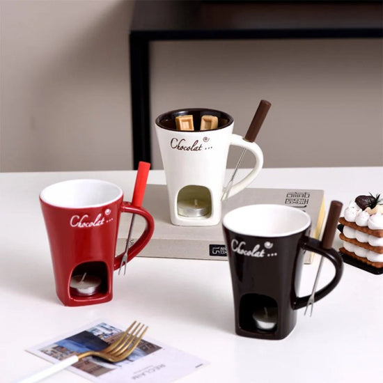 Fondue Mug Set Personal Mini Fondue Pots Chocolate Cheese Ice Cream Fondue Maker Kit Individual Butter Melter Cup Small Warmer Kitchen Gadgets $26.50 Dana Fashion Color: Beige Dana's Kitchen Overview： 1. The product is made of high quality ceramic materia