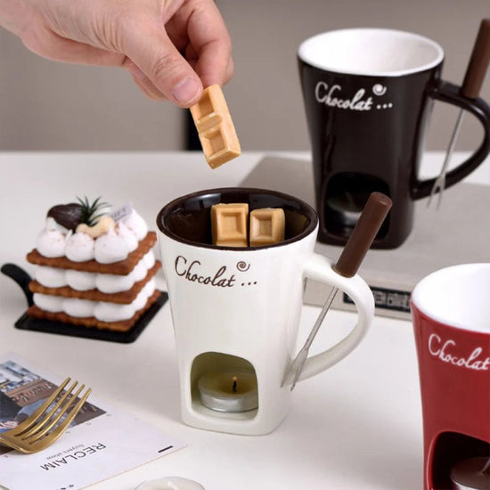 Fondue Mug Set Personal Mini Fondue Pots Chocolate Cheese Ice Cream Fondue Maker Kit Individual Butter Melter Cup Small Warmer Kitchen Gadgets $26.50 Dana Fashion Color: Beige Dana's Kitchen Overview： 1. The product is made of high quality ceramic materia