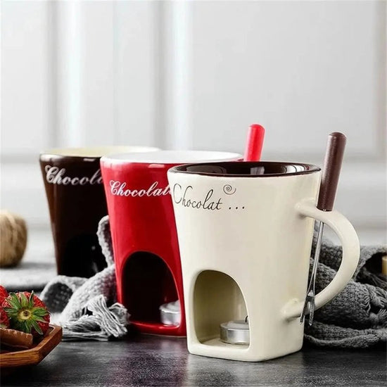 Fondue Mug Set Personal Mini Fondue Pots Chocolate Cheese Ice Cream Fondue Maker Kit Individual Butter Melter Cup Small Warmer Kitchen Gadgets $26.50 Dana Fashion Color: Beige Dana's Kitchen Overview： 1. The product is made of high quality ceramic materia