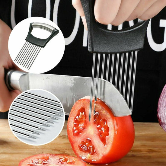 Food Slice Assistant - Stainless Steel Onion Holder Slicer Tomato Cutter NonSlip $39.50 Dana Fashion default: default Dana's Kitchen Feature: High-quality materials: made of 304 + ABS material, wear-resistant, rust-proof, and durable. Simple design: a sim