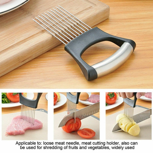 Food Slice Assistant - Stainless Steel Onion Holder Slicer Tomato Cutter NonSlip $39.50 Dana Fashion default: default Dana's Kitchen Feature: High-quality materials: made of 304 + ABS material, wear-resistant, rust-proof, and durable. Simple design: a sim