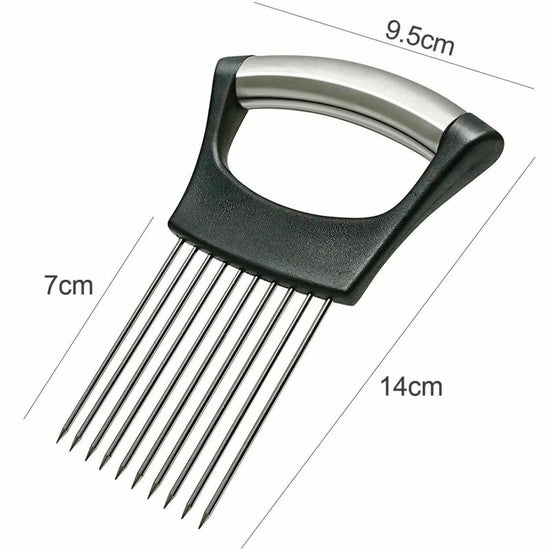 Food Slice Assistant - Stainless Steel Onion Holder Slicer Tomato Cutter NonSlip $39.50 Dana Fashion default: default Dana's Kitchen Feature: High-quality materials: made of 304 + ABS material, wear-resistant, rust-proof, and durable. Simple design: a sim