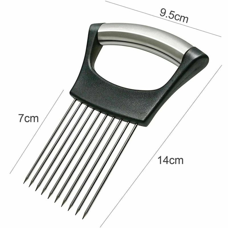 Food Slice Assistant - Stainless Steel Onion Holder Slicer Tomato Cutter NonSlip $39.50 Dana Fashion default: default Dana's Kitchen Feature: High-quality materials: made of 304 + ABS material, wear-resistant, rust-proof, and durable. Simple design: a sim