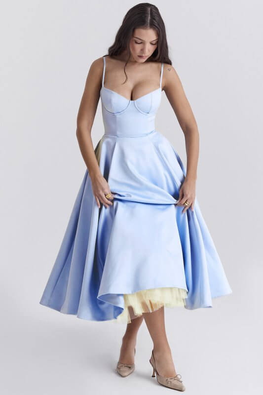 French Mesh Large Swing Double-layer Sling Dress $59.00 Dana Fashion Color: Light Blue Size: L Women's clothing Product information: Pattern: solid color/printing Color: black, light blue, pink, cream white, dark blue, yellow, red Size: S,M,L,XL,XXL Style