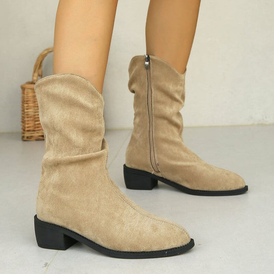 French Retro Western Frosted Mid Calf Cowboy Boots $48.50 Dana Fashion Color: Black Size: 35 Women's shoes Product information: Lining material: Cotton Color: black, khaki Heel shape: short chunky heel Size: 35, 36, 37, 38, 39, 40, 41, 42, 43 Sole craft: