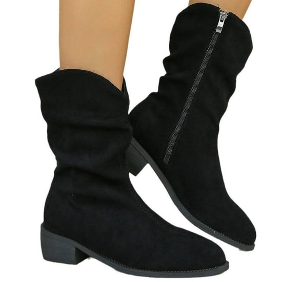 French Retro Western Frosted Mid Calf Cowboy Boots $48.50 Dana Fashion Color: Black Size: 35 Women's shoes Product information: Lining material: Cotton Color: black, khaki Heel shape: short chunky heel Size: 35, 36, 37, 38, 39, 40, 41, 42, 43 Sole craft: