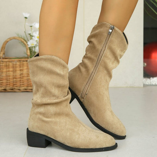 French Retro Western Frosted Mid Calf Cowboy Boots $48.50 Dana Fashion Color: Black Size: 35 Women's shoes Product information: Lining material: Cotton Color: black, khaki Heel shape: short chunky heel Size: 35, 36, 37, 38, 39, 40, 41, 42, 43 Sole craft: