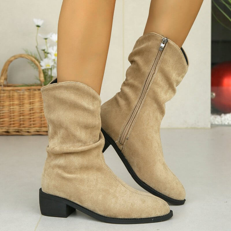 French Retro Western Frosted Mid Calf Cowboy Boots $48.50 Dana Fashion Color: Black Size: 35 Women's shoes Product information: Lining material: Cotton Color: black, khaki Heel shape: short chunky heel Size: 35, 36, 37, 38, 39, 40, 41, 42, 43 Sole craft: