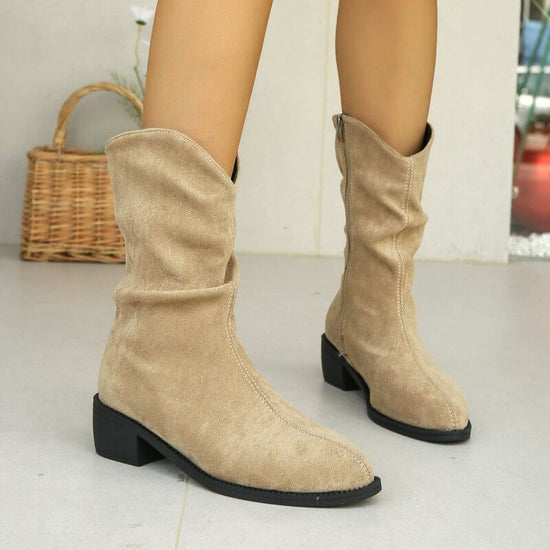 French Retro Western Frosted Mid Calf Cowboy Boots $48.50 Dana Fashion Color: Black Size: 35 Women's shoes Product information: Lining material: Cotton Color: black, khaki Heel shape: short chunky heel Size: 35, 36, 37, 38, 39, 40, 41, 42, 43 Sole craft:
