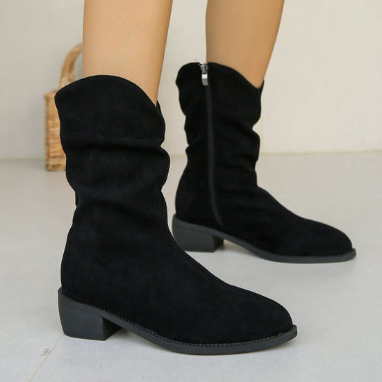 French Retro Western Frosted Mid Calf Cowboy Boots $48.50 Dana Fashion Color: Black Size: 35 Women's shoes Product information: Lining material: Cotton Color: black, khaki Heel shape: short chunky heel Size: 35, 36, 37, 38, 39, 40, 41, 42, 43 Sole craft: