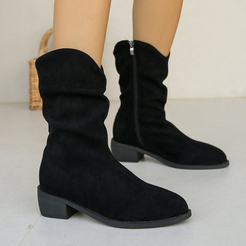 French Retro Western Frosted Mid Calf Cowboy Boots $48.50 Dana Fashion Color: Black Size: 35 Women's shoes Product information: Lining material: Cotton Color: black, khaki Heel shape: short chunky heel Size: 35, 36, 37, 38, 39, 40, 41, 42, 43 Sole craft: