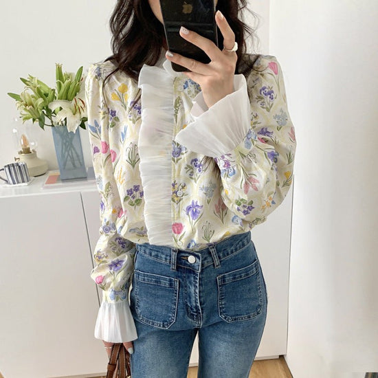 French Romantic Turtleneck Patchwork Ruffled Color Printing Design Flare Sleeve Shirt $34.50 Dana Fashion Color: Color Size: L Women's clothing Product information: Fabric name: acrylic Color: Color Sleeve type: bell sleeve Size: S,M,L,XL Style type: temp