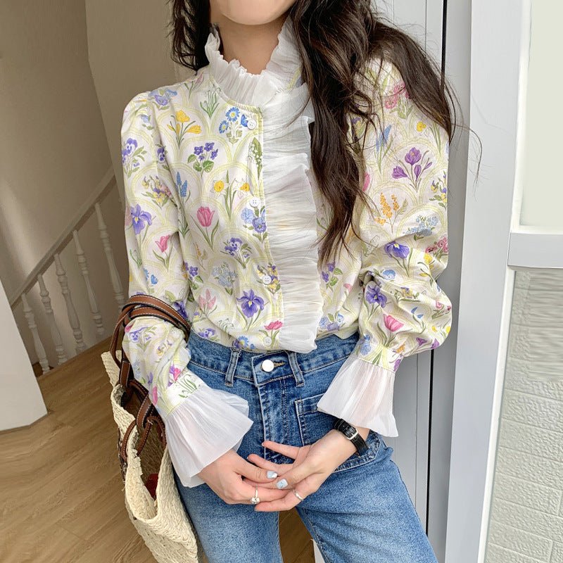French Romantic Turtleneck Patchwork Ruffled Color Printing Design Flare Sleeve Shirt $34.50 Dana Fashion Color: Color Size: L Women's clothing Product information: Fabric name: acrylic Color: Color Sleeve type: bell sleeve Size: S,M,L,XL Style type: temp