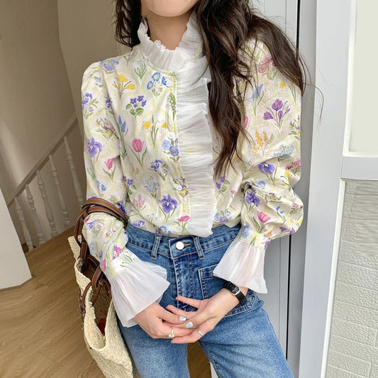 French Romantic Turtleneck Patchwork Ruffled Color Printing Design Flare Sleeve Shirt $34.50 Dana Fashion Color: Color Size: L Women's clothing Product information: Fabric name: acrylic Color: Color Sleeve type: bell sleeve Size: S,M,L,XL Style type: temp