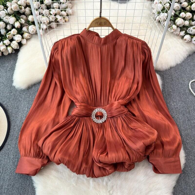 French Style High-grade Light Luxury Design Sense Niche Top Women $88.90 Dana Fashion Color: Rust Red Size: L Women's clothing Product information: Color: white, black, khaki, blue gray, rust red, rose Red Sleeve type: Lantern sleeve Main fabric compositi