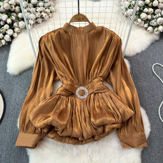 French Style High-grade Light Luxury Design Sense Niche Top Women $88.90 Dana Fashion Color: Khaki Size: L Women's clothing Product information: Color: white, black, khaki, blue gray, rust red, rose Red Sleeve type: Lantern sleeve Main fabric composition: