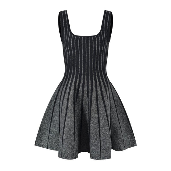 French Style Temperament Socialite Contrast Color Vertical Stripes Silver Shiny Knitted Skirt $87.99 Dana Fashion Color: Black Swan Size: L Women's clothing Product information: Fabric name: Wool blend Color: Black Swan Sleeve type: sleeveless Main fabric