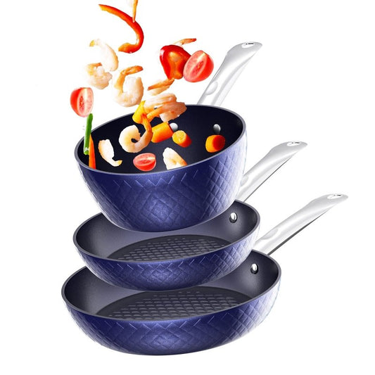 Frying Pan Sets Non Stick 3Pieces Blue 3D Diamond Cookware $169.00 Dana Fashion default: default Dana's Kitchen Overview Really Thanks for Your Great Choice of RAINBEAN Saucepan Set!!! 【Non Stick Coating & Induction Pot】Casserole Pot with sturdy aluminum