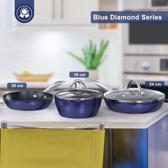 Frying Pan Sets Non Stick 3Pieces Blue 3D Diamond Cookware $169.00 Dana Fashion default: default Dana's Kitchen Overview Really Thanks for Your Great Choice of RAINBEAN Saucepan Set!!! 【Non Stick Coating & Induction Pot】Casserole Pot with sturdy aluminum