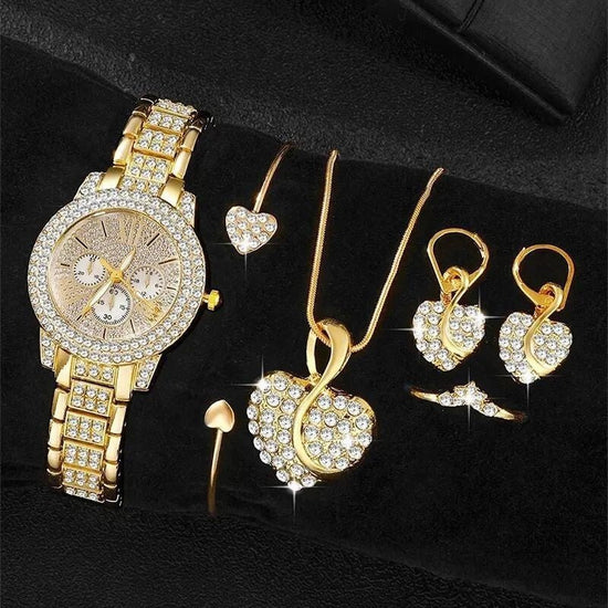 Full Diamond Bracelet Watch Suit Women's Quartz Watch Fashion Jewelry $41.29 Dana Fashion Color: Gold Watch Love 4 Pieces Women's Accessories Product information: Color: gold three eyes gold Love 4 pieces, Movement type: Quartz Display type: Pointer Mirro