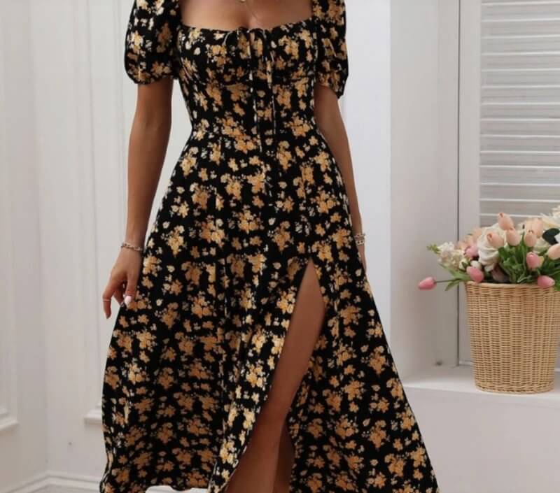 Full Floral Floor-length Holiday Beach Dress For Women $35.00 Dana Fashion Color: Multicolor Size: 2XL Women's clothing Product information: Neckline: square collar Sleeve type: Puff sleeve Waist line: High waist Bottom shape: slit Color: Blue and White,