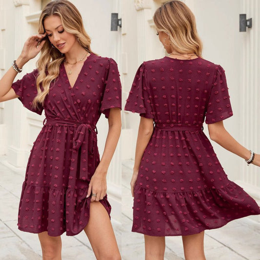 Fur Ball Lotus Leaf Sleeve Solid Color And V-neck Waist Trimming Lace Up Dress $39.67 Dana Fashion Color: Wine Red Size: L Women's clothing Product information: Pattern: solid color Skirt type: A- line skirt Color: wine red Size: S,M,L,XL Skirt length: mi