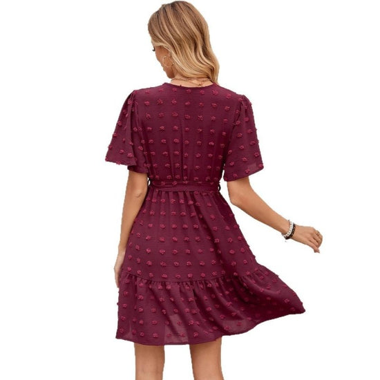 Fur Ball Lotus Leaf Sleeve Solid Color And V-neck Waist Trimming Lace Up Dress $39.67 Dana Fashion Color: Wine Red Size: L Women's clothing Product information: Pattern: solid color Skirt type: A- line skirt Color: wine red Size: S,M,L,XL Skirt length: mi