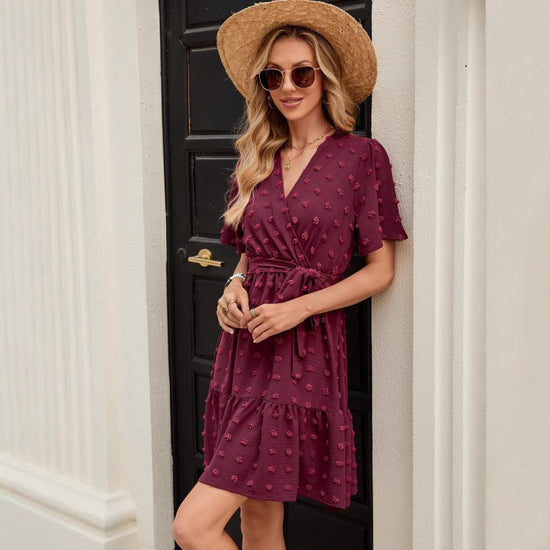 Fur Ball Lotus Leaf Sleeve Solid Color And V-neck Waist Trimming Lace Up Dress $39.67 Dana Fashion Color: Wine Red Size: L Women's clothing Product information: Pattern: solid color Skirt type: A- line skirt Color: wine red Size: S,M,L,XL Skirt length: mi