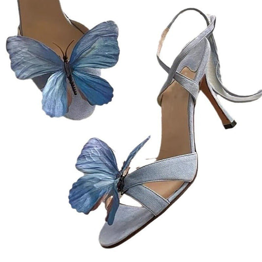 Genuine Leather Fairy Butterfly Flowers Cross Strap Sandals Sexy Open Toe High Heels $89.99 Dana Fashion Color: Blue Strap Size: 36 Women's shoes Product information: Toe holder shape: round head Color: blue strap Shoe Upper material: Microfiber Size: 35,