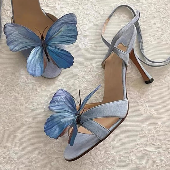 Genuine Leather Fairy Butterfly Flowers Cross Strap Sandals Sexy Open Toe High Heels $89.99 Dana Fashion Color: Blue Strap Size: 36 Women's shoes Product information: Toe holder shape: round head Color: blue strap Shoe Upper material: Microfiber Size: 35,