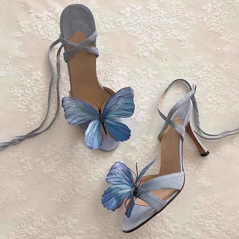 Genuine Leather Fairy Butterfly Flowers Cross Strap Sandals Sexy Open Toe High Heels $89.99 Dana Fashion Color: Blue Strap Size: 36 Women's shoes Product information: Toe holder shape: round head Color: blue strap Shoe Upper material: Microfiber Size: 35,