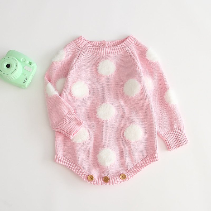 Girls' baby knitted wool jumpsuit romper $24.01 Dana Fashion Color: White dots Size: 100cm Baby Clothing Style: short climb Closure style: pullover Applicable gender: female Sleeve length: long sleeve Material name: Cotton Main fabric composition: cotton