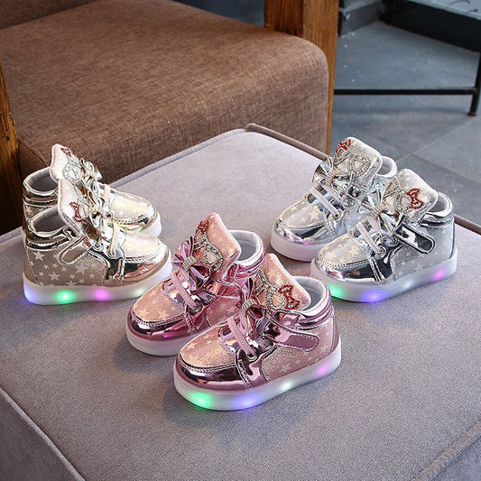 Girls Stars Printed Light Board Shoes Girls Rhinestone Zhongbang LED Light Up Shoes $26.28 Dana Fashion Color: A188 gold Shoe size: 21 Baby & Mother Product information Style: Casual Upper material: Artificial leather Function: Lightweight, non-slip, wear