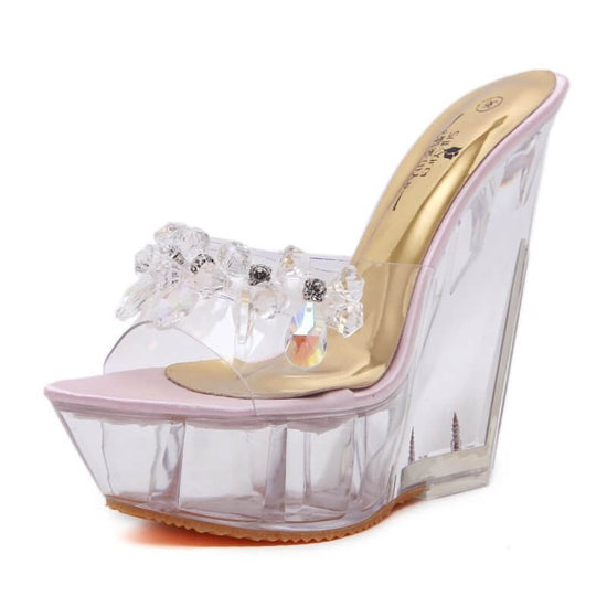 Glass Drill Crystal Wedge Slippers For Women $61.50 Dana Fashion Color: Apricot Size: 34 Women's shoes Product information: Pattern: solid color Color: pink, apricot Heel shape: Horseshoe heel Size: 34, 35, 36, 37, 38, 39, 40 Shoe Upper material: artifici