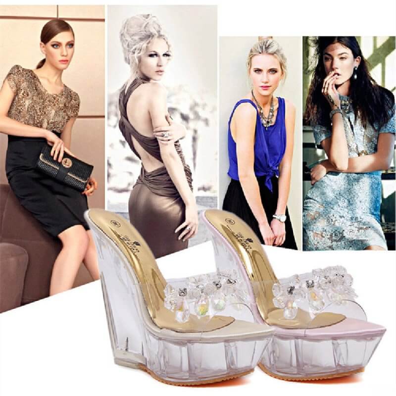 Glass Drill Crystal Wedge Slippers For Women $61.50 Dana Fashion Color: Apricot Size: 34 Women's shoes Product information: Pattern: solid color Color: pink, apricot Heel shape: Horseshoe heel Size: 34, 35, 36, 37, 38, 39, 40 Shoe Upper material: artifici