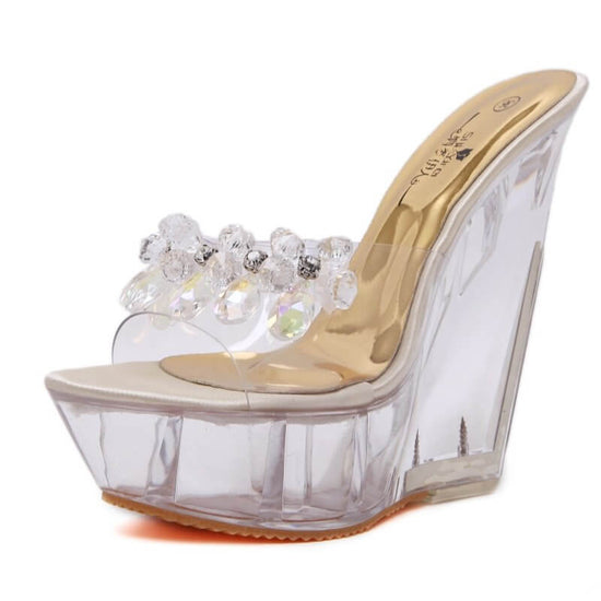 Glass Drill Crystal Wedge Slippers For Women $61.50 Dana Fashion Color: Apricot Size: 34 Women's shoes Product information: Pattern: solid color Color: pink, apricot Heel shape: Horseshoe heel Size: 34, 35, 36, 37, 38, 39, 40 Shoe Upper material: artifici