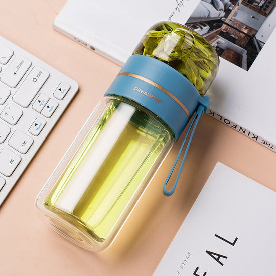 Glass Water Bottle With Tea Infuser Filter Tea Separation Double Wall Glass Bottle Leakproof Water Bottle $35.72 Dana Fashion Color: Blue Capacity size: 400ml Dana's Kitchen Overview: 1. Tea water separation design, you can use the tea warehouse to make t