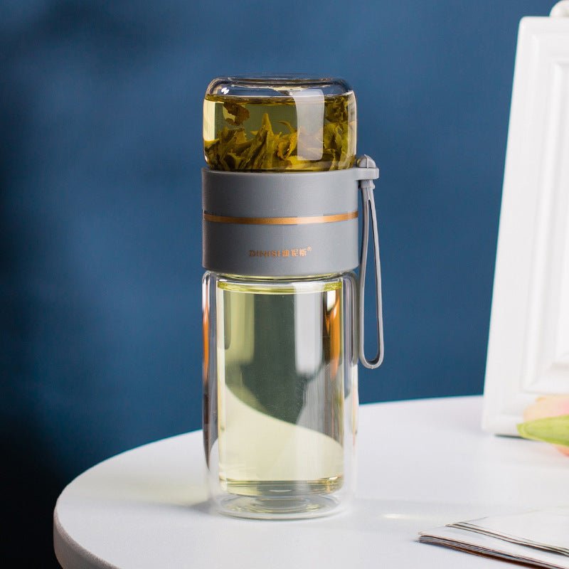 Glass Water Bottle With Tea Infuser Filter Tea Separation Double Wall Glass Bottle Leakproof Water Bottle $29.68 Dana Fashion Color: Grey Capacity size: 400ml Dana's Kitchen Overview: 1. Tea water separation design, you can use the tea warehouse to make t