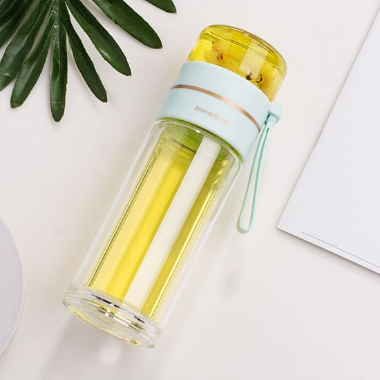 Glass Water Bottle With Tea Infuser Filter Tea Separation Double Wall Glass Bottle Leakproof Water Bottle $32.62 Dana Fashion Color: Green Capacity size: 450ml Dana's Kitchen Overview: 1. Tea water separation design, you can use the tea warehouse to make