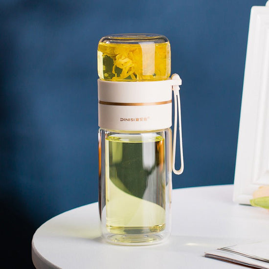 Glass Water Bottle With Tea Infuser Filter Tea Separation Double Wall Glass Bottle Leakproof Water Bottle $29.68 Dana Fashion Color: White Capacity size: 400ml Dana's Kitchen Overview: 1. Tea water separation design, you can use the tea warehouse to make