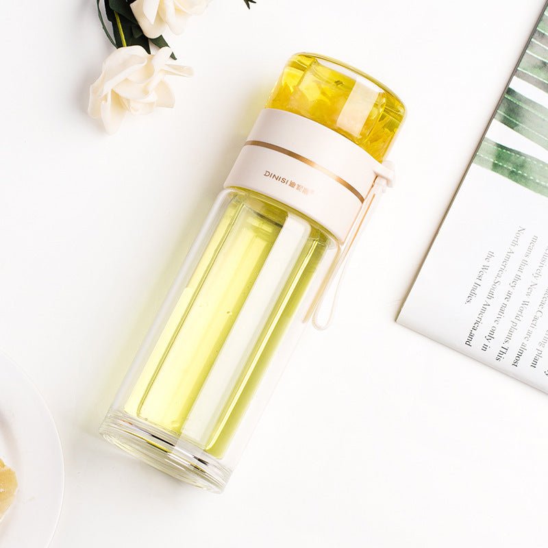 Glass Water Bottle With Tea Infuser Filter Tea Separation Double Wall Glass Bottle Leakproof Water Bottle $51.62 Dana Fashion Color: White Capacity size: 450ml Dana's Kitchen Overview: 1. Tea water separation design, you can use the tea warehouse to make