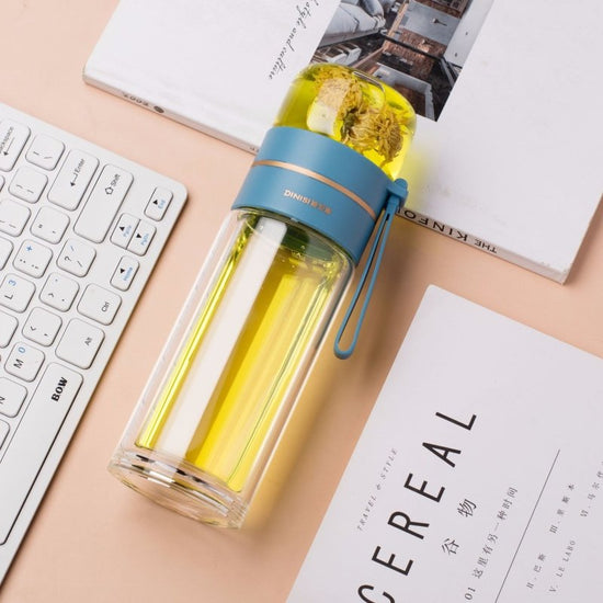 Glass Water Bottle With Tea Infuser Filter Tea Separation Double Wall Glass Bottle Leakproof Water Bottle $38.46 Dana Fashion Color: Blue Capacity size: 450ml Dana's Kitchen Overview: 1. Tea water separation design, you can use the tea warehouse to make t