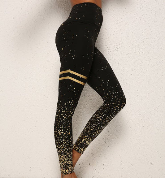Gold Dot Striped Print Leggings Fitness Butt Lifting Running Sport Gym Yoga Pants For Women High Waist Slimming Legging Tight Trousers $39.50 Dana Fashion Color: Black Gold Size: L Women's clothing Product information: Material:Nylon Style:Fashion Simple