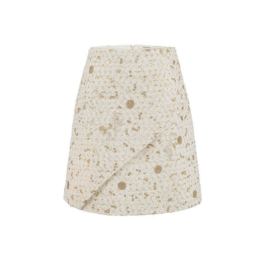 Gold Sequined White A- Line Style Skirt Short Skirt $185.50 Dana Fashion Color: Color Size: L Women's clothing Product information: Skirt-type: A- line skirt Waist type: high waist Skirt length: short skirt Profile: Type A Material composition: 100% polye