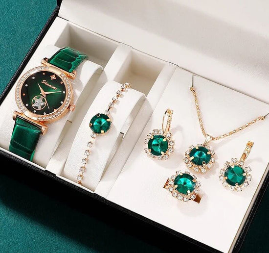Green Belt Ear Stud Necklace Bracelet Ring Suit $29.50 Dana Fashion Color: Green Women's Accessories Product information: Color: green Screen size: None Applicable people: students Battery capacity: 2 mA Style: dark style Packing list: Watch*1+earrings*1p